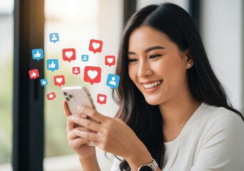 Young woman smiling while looking at her smartphone, with social media icons like hearts and thumbsup floating around her