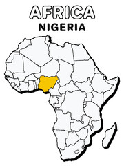 Nigeria country in yellow highlighted map on africa continent map detailed vector illustration