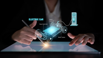 Structure of electric car showing battery system, traction motor, control units, and charging station for understanding EV functionality and energy flow Latch