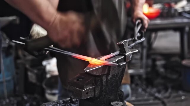 Blacksmith shaping hot metal with hammer on anvil sparks flying in slow motion craftsmanship and