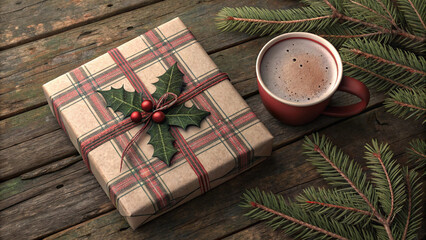 Rustic holiday gift with coffee and fir branches