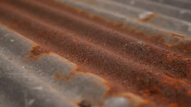 Rusty Corrugated Metal Texture - Close-up view of weathered corrugated metal, showing parallel curved lines, texture, and discoloration from rust and age.