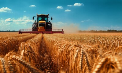 Obraz premium Wheat Harvesting With a Tractor Under Bright Blue Sky on a Sunny Day in the Countryside