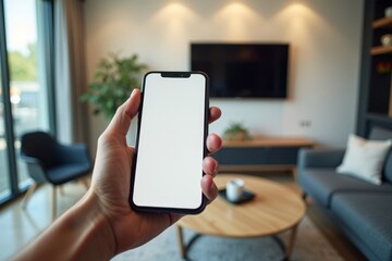 Close-Up Image of Hand Holding Augmented Reality Mobile Phone App Mockup on Modern AR Device in Interior Setting