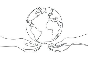 Single Line Drawing of Hands Holding Earth Globe Symbolizing Environmental Care and Global Unity