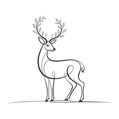Elegant Deer Continuous Line Drawing with Antlers Adorned with Leaves for Nature-Inspired Designs