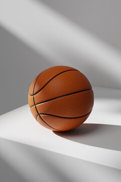 Single basketball casting shadow on white surface