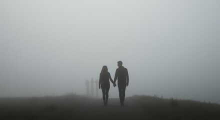 Couple walking through foggy landscape