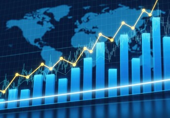 Global financial market growth represented by a rising bar chart and line graph against a world map backdrop, symbolizing economic progress and investment trends