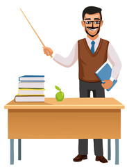 Teacher are explaining lesson at blackboard in his classroom	
