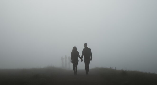 Couple walking through foggy landscape