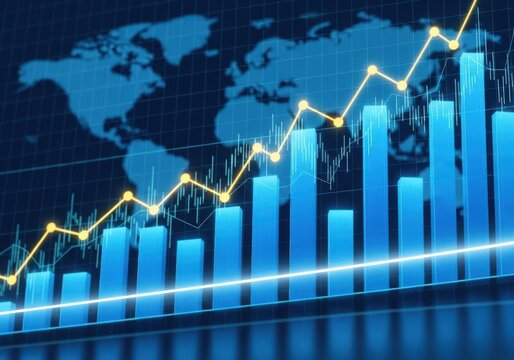 Global financial market growth represented by a rising bar chart and line graph against a world map backdrop, symbolizing economic progress and investment trends - Powered by Adobe