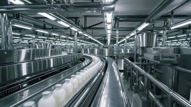 Bottles of milk on conveyor belt in dairy processing facility.