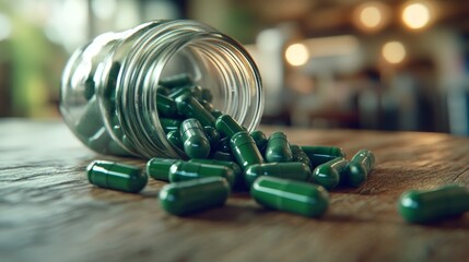 A glass bottle filled with green pills, suggesting a variety of health and wellness supplements.