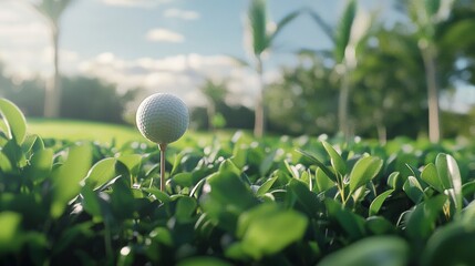 A golf ball resting on a tee in the middle of lush green grass, symbolizing a leisurely day out for golf enthusiasts.