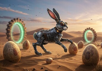 Cybernetic Rabbit in Desert: A captivating image showcasing a mechanical rabbit in a desert environment, featuring elements of futuristic and fantastical design. 