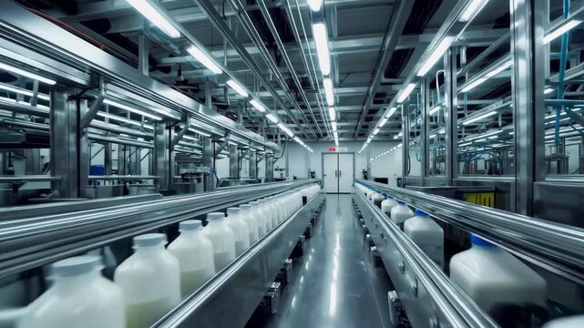 Bottles of milk on conveyor belt in dairy processing facility.
