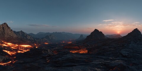Naklejka premium Lava flowing in hdr panoramic sunset volcanic landscape nature environment scenic view