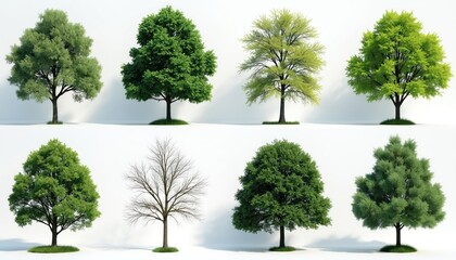 Collection of diverse trees from above, isolated on white background. Includes green foliage, bare winter branches, varied canopy patterns. Represents nature, flora, biodiversity for design