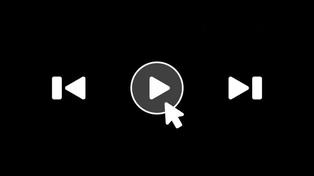 Cursor arrow clicking play, pause, previous and next button motion graphic with alpha channel. Mouse pointer click media player interface icon animated on transparent background.