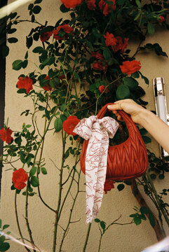 Red Designer Handbag Held Against Rose Wall
