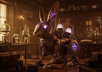 Mechanical marvel Rabbit in steampunk setting: A meticulously crafted mechanical rabbit, a fusion of Victorian-era design and cutting-edge technology.