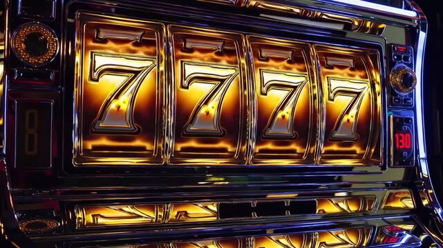 Slot machine hitting jackpot 777 with flashing lights and coins.