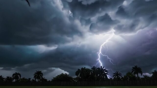Palm trees swaying in strong wind and rain during a hurricane or typhoon, showing extreme weather.