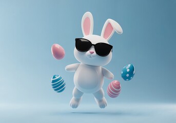 Cool Bunny: A whimsical 3D render captures the essence of Easter, showcasing a stylish bunny sporting shades, surrounded by colorful eggs, all set against a pastel backdrop