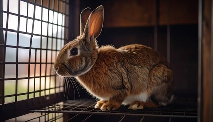 A brown rabbit sits in a wire cage, looking out at the distant green field