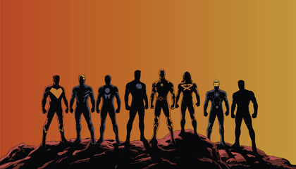 Silhouettes of diverse superhero team standing boldly on rocky terrain, sunset background, powerful heroes united for justice, vector comic style illustration © MDABDULLAHAL
