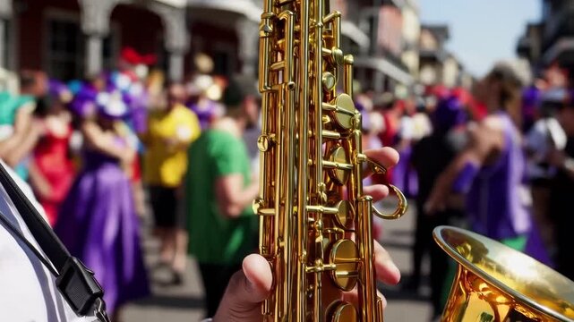 Jazz musicians performing in New Orleans Mardi Gras parade with historic French Quarter.