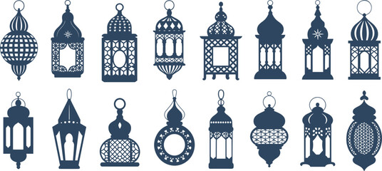 Vintage lantern collection vector, traditional decorative lamps silhouette, ornate hanging lantern designs, antique light fixtures, festive decoration icons, classic illumination symbols set