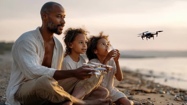 Happy African American dad enjoys playtime with his kids at the beach while pretending to fly an airplane during sunset