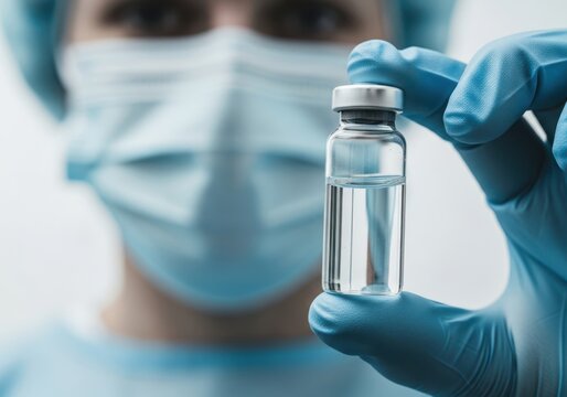 A healthcare professional in a mask and gloves holds up a small vial of clear liquid, symbolizing medical treatment or vaccination