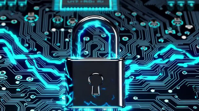 Glowing digital padlock protecting circuit board, symbolizing cybersecurity. - Powered by Adobe