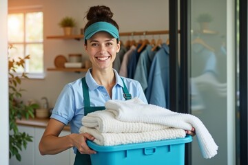 Efficient Cleaning Service Worker Delivering Fresh Laundry to Satisfied Customer