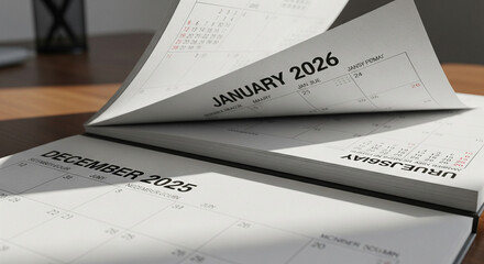 A desk calendar page turning from December 2025 to January 2026, symbolizing the end of the old year and the beginning of the New Year