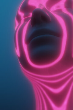 Bright Neon Patterns Illuminate a Surreal Face Against a Blue Backdrop