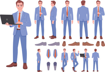 Businessman character creation kit, professional male in blue suit with laptop and tie, different poses, office worker vector illustration