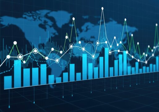 Global financial market trends visualized with a bar chart and line graph overlayed on a world map, representing economic data and analysis