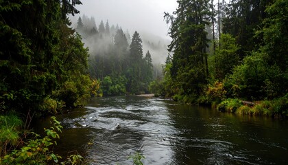 Obraz premium Misty River Flowing Through Lush Evergreen Forest