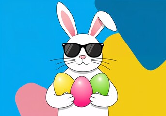 Cool Bunny with Colorful Eggs: A cheerful and stylish rabbit sporting sunglasses holds three vibrantly painted Easter eggs against a backdrop of cheerful and festive colors.
