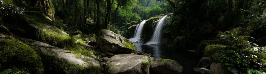 Fototapeta premium Lush rainforest waterfall scenic view hdri panoramic landscape nature photography serene environment