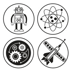 Set of four circular icons representing technology including a robot atom gears and rocket for digital use