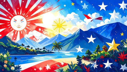 Vivid landscape art with suns, stars, mountains, tropical foliage, and water