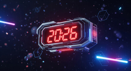 A futuristic digital clock showing 2026 in red numbers, floating in an abstract technological space with neon light beams and geometric shapes