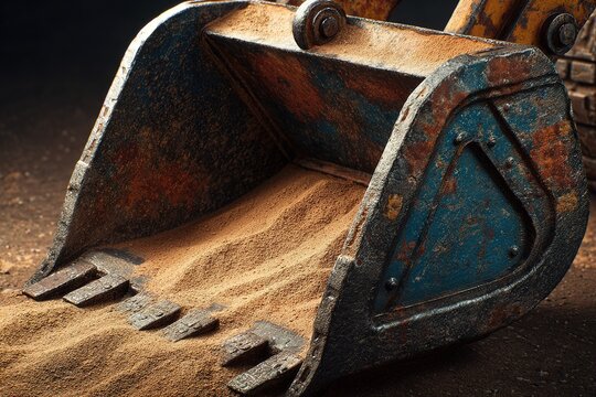 Excavator bucket unloading sand in construction site during daylight with rich texture and detail