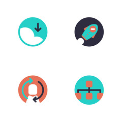 Set of 4 circular icons depicting business and technology concepts