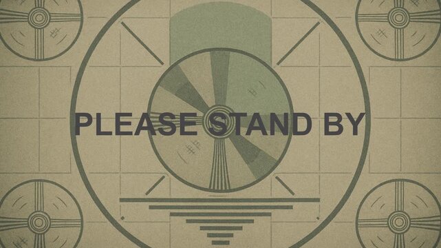 Please stand by text Vintage TV test screen with retro design and text "PLEASE STAND BY," featuring faded colors and geometric patterns for a nostalgic broadcast effect.